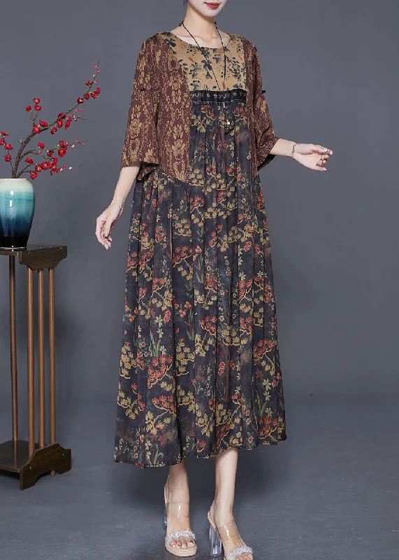 Vintage Coffee Oversized Patchwork Print Silk Dress Summer