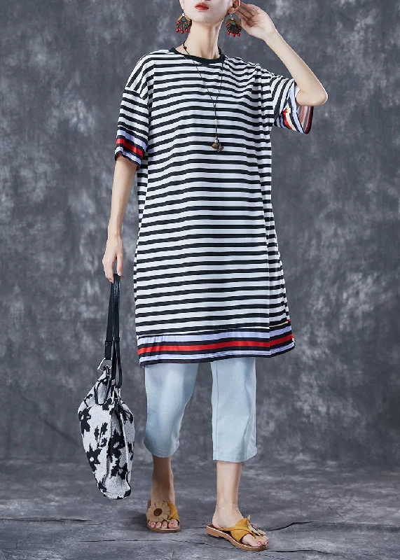 Women Black Striped Ice Silk Knit Vacation Dresses Summer